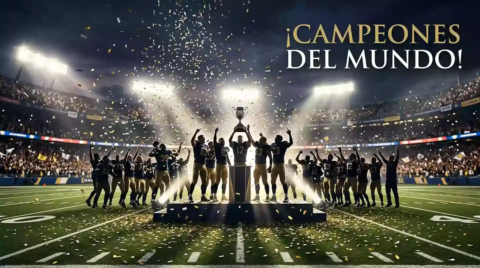 Trofeo del College Football Playoff en escenario con confeti dorado y logo CFP
